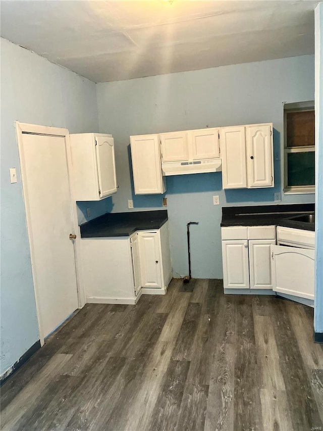 kitchen with white cabinetry and dark wood-type flooring