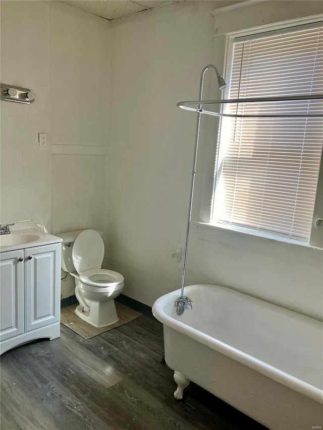 bathroom with toilet, wood-type flooring, a healthy amount of sunlight, a bathing tub, and vanity