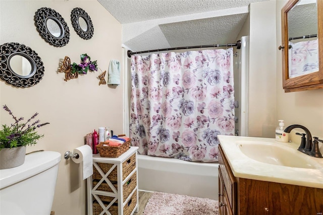 full bathroom with a textured ceiling, shower / bath combo, hardwood / wood-style floors, toilet, and vanity