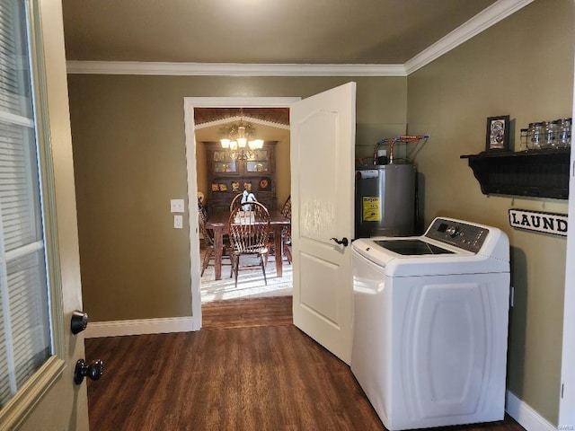 laundry area with washer / dryer, crown molding, an inviting chandelier, gas water heater, and dark hardwood / wood-style flooring