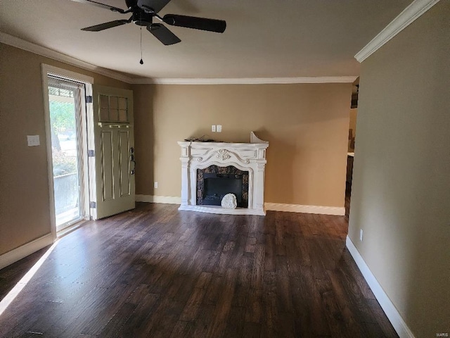 unfurnished living room with ornamental molding, dark wood-type flooring, and ceiling fan