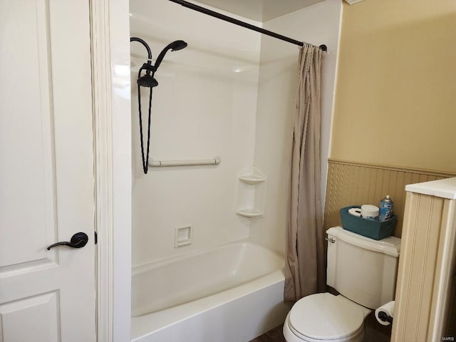 bathroom with toilet and shower / bathtub combination with curtain