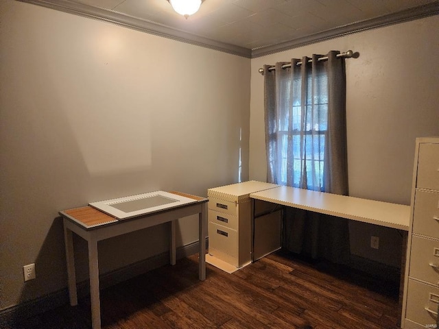 office area featuring ornamental molding and dark hardwood / wood-style flooring