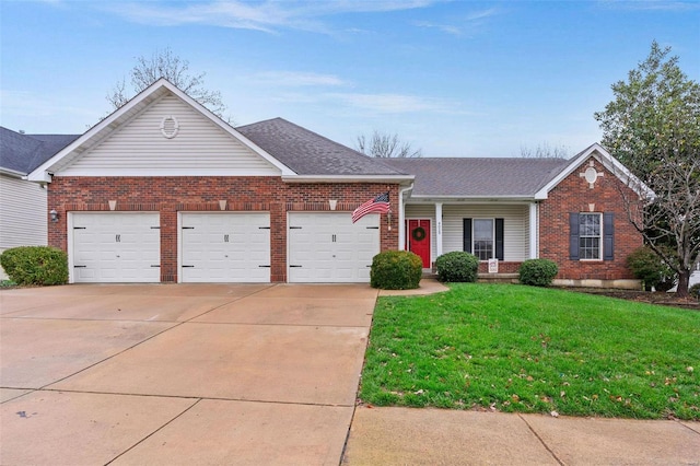 ranch-style house with a garage and a front lawn