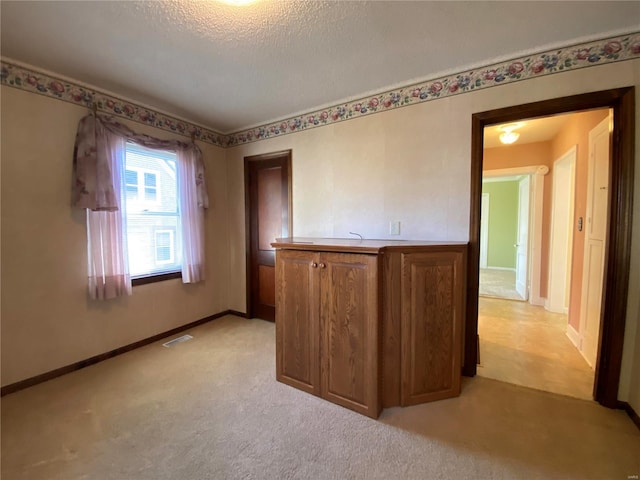 interior space featuring light carpet and a textured ceiling