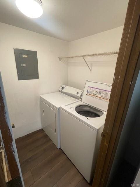 washroom with independent washer and dryer, electric panel, and dark hardwood / wood-style floors