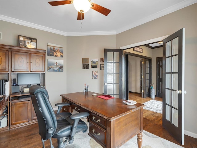 home office featuring ornamental molding, french doors, and dark wood-type flooring