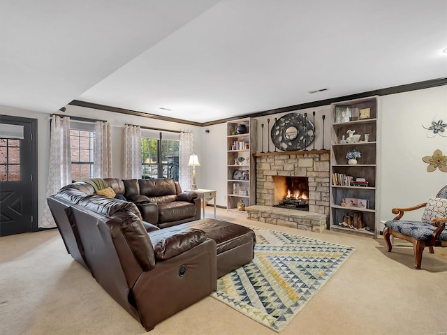 living room with light carpet, a stone fireplace, and ornamental molding