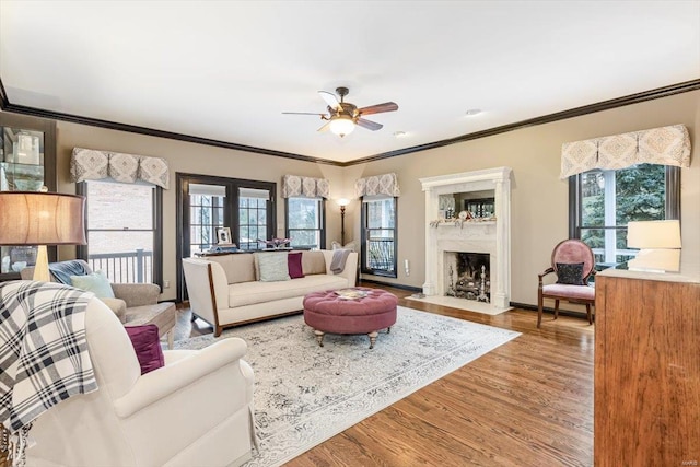 living room with crown molding, plenty of natural light, a fireplace, and hardwood / wood-style floors