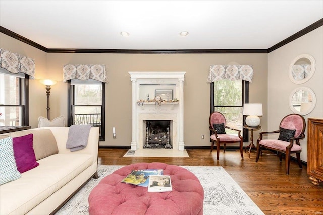 living room with crown molding, wood-type flooring, and a premium fireplace