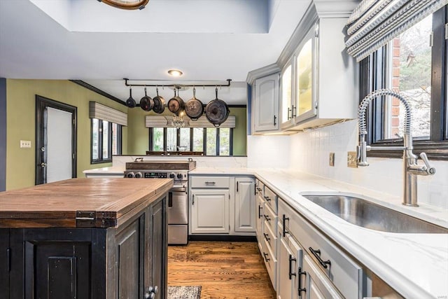 kitchen with sink, stainless steel stove, white cabinetry, backsplash, and dark hardwood / wood-style floors