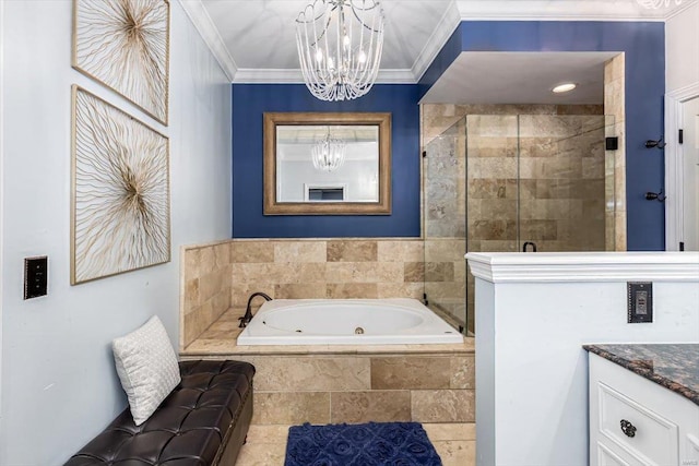 bathroom featuring vanity, crown molding, plus walk in shower, and an inviting chandelier