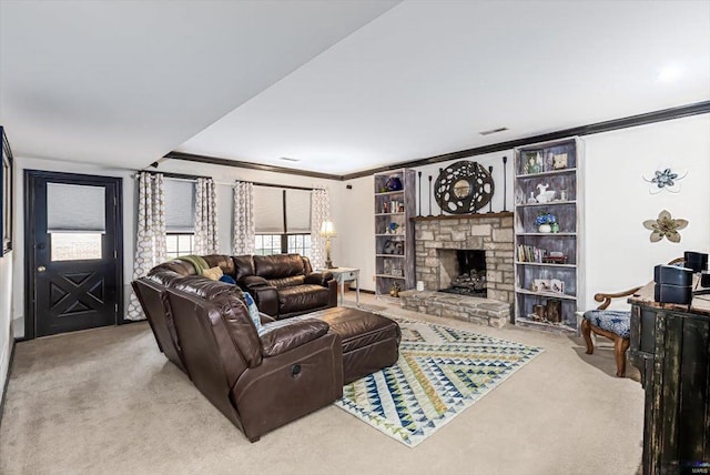 carpeted living room with ornamental molding and a fireplace