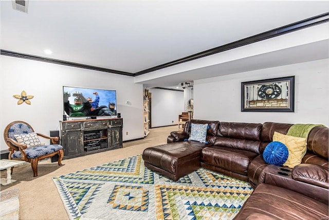 carpeted living room featuring crown molding