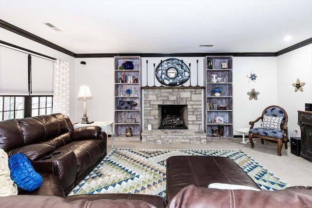 living room featuring carpet flooring, ornamental molding, and a stone fireplace