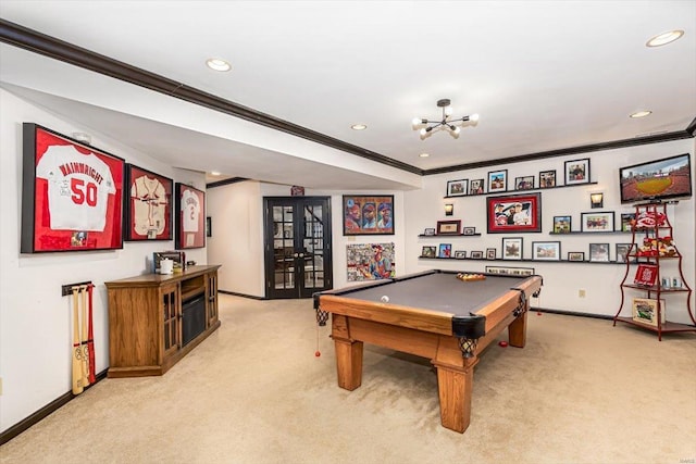 recreation room featuring crown molding, light colored carpet, pool table, and french doors