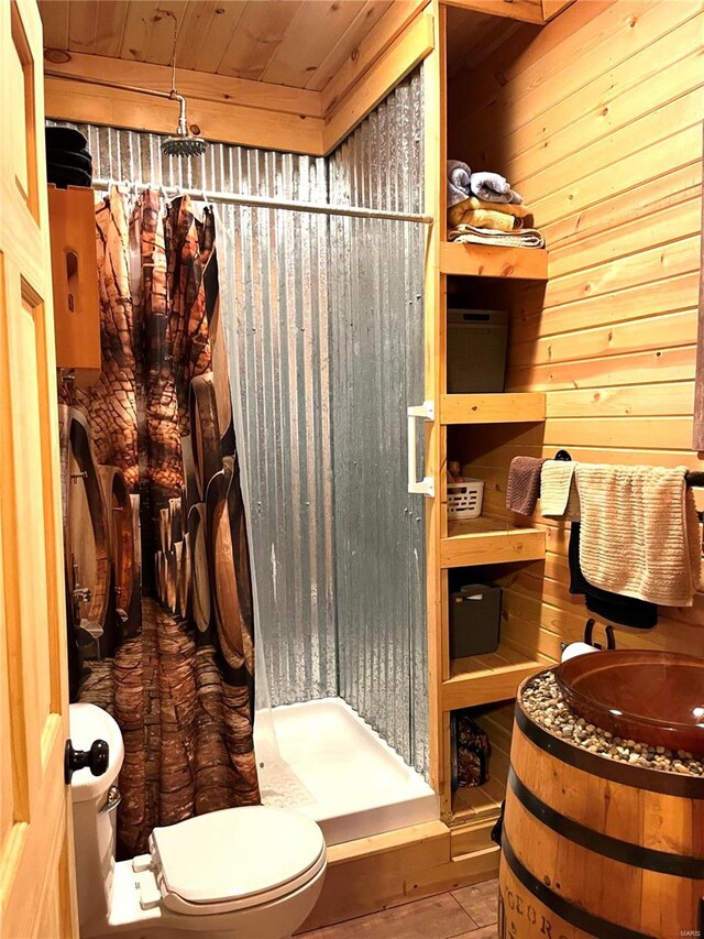 bathroom with walk in shower, wooden ceiling, toilet, wood walls, and vanity