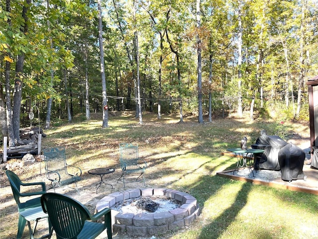 view of yard featuring an outdoor fire pit and a patio