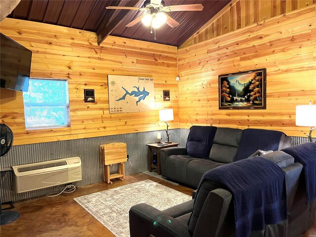 living room with wood walls, ceiling fan, wooden ceiling, lofted ceiling, and a wall mounted AC