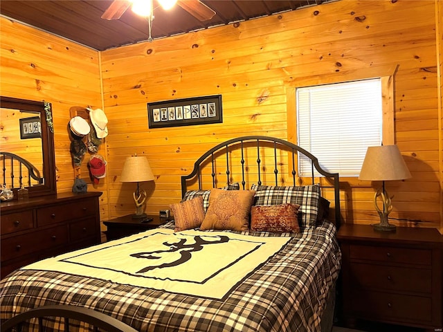 bedroom with wooden walls, ceiling fan, and wooden ceiling