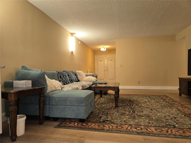 living room with a textured ceiling and wood-type flooring