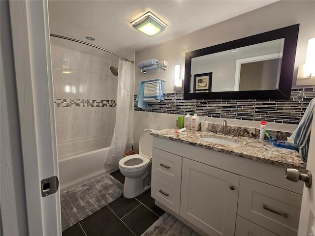 full bathroom featuring shower / bath combination with curtain, backsplash, toilet, vanity, and tile patterned flooring