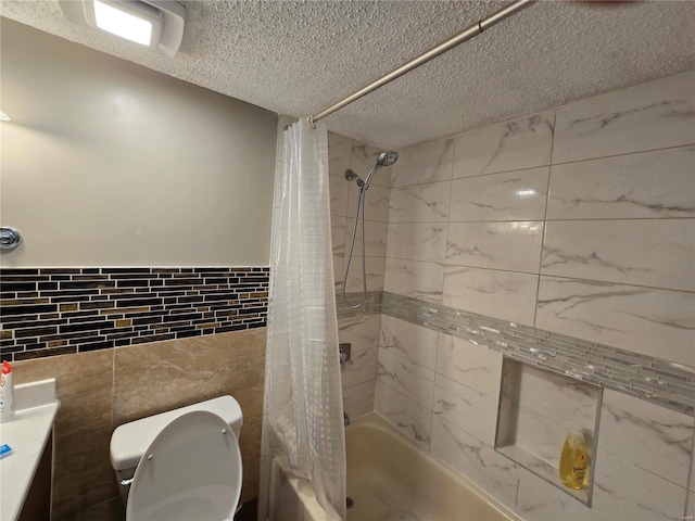 bathroom with toilet, a textured ceiling, tile walls, and shower / tub combo