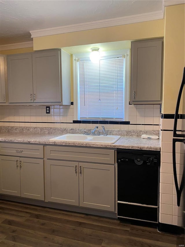 kitchen with dishwasher, gray cabinets, and dark wood-type flooring