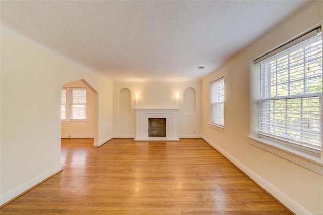 unfurnished living room featuring a textured ceiling, light wood-type flooring, and a healthy amount of sunlight