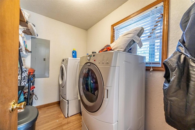 laundry area featuring electric panel, light hardwood / wood-style flooring, independent washer and dryer, and a textured ceiling