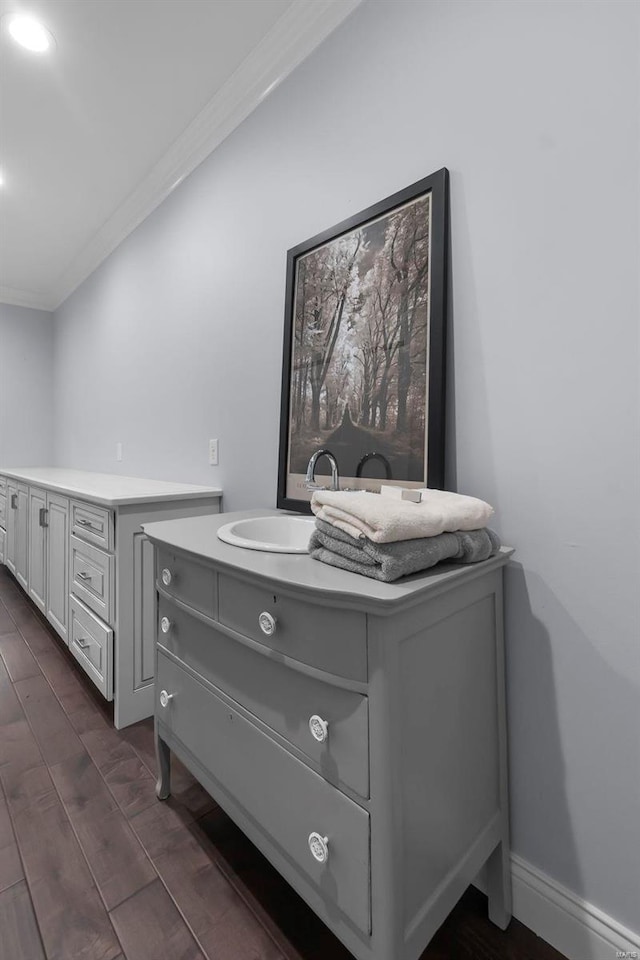 interior details featuring vanity, hardwood / wood-style floors, and ornamental molding