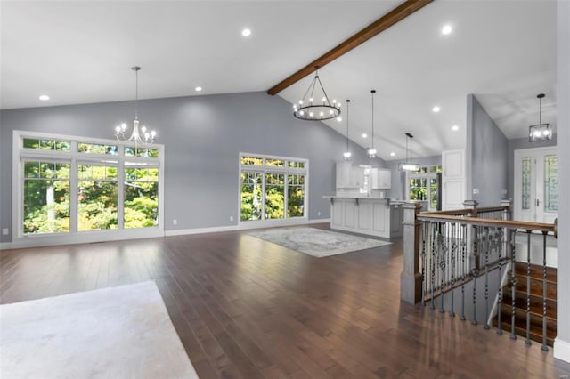 living room featuring beam ceiling, high vaulted ceiling, and dark hardwood / wood-style flooring