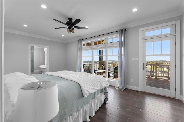 bedroom featuring dark hardwood / wood-style floors, multiple windows, access to outside, and ceiling fan