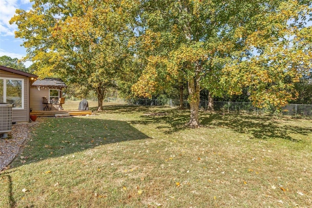 view of yard with a wooden deck and central AC