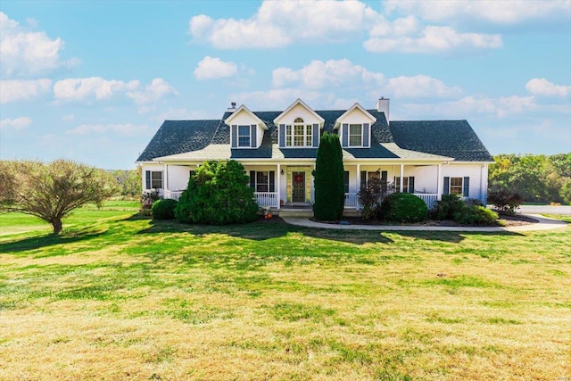 cape cod house featuring a front yard and covered porch