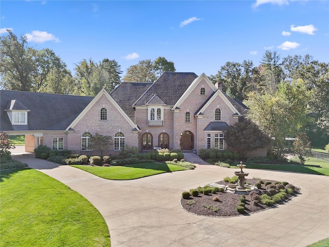 french country inspired facade with a front lawn