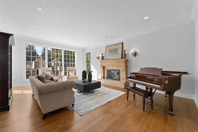 living room featuring crown molding and light wood-type flooring