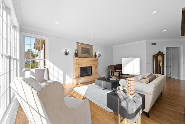 living room featuring crown molding and light hardwood / wood-style flooring