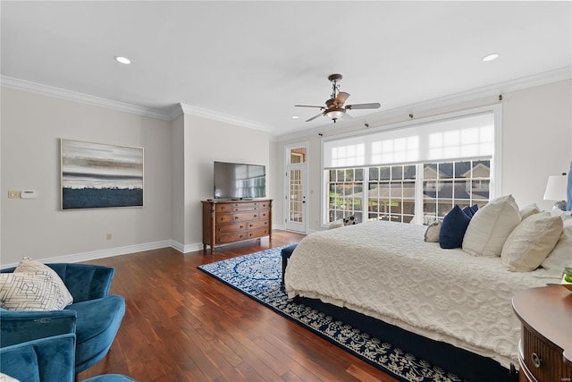 bedroom with ceiling fan, dark hardwood / wood-style flooring, crown molding, and access to outside