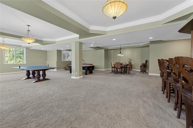 rec room with light colored carpet and ornamental molding