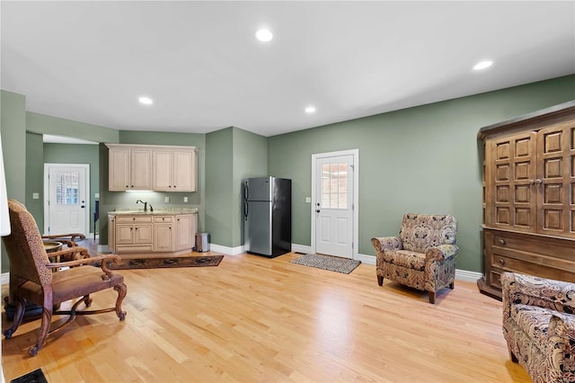 living area featuring light hardwood / wood-style floors and sink