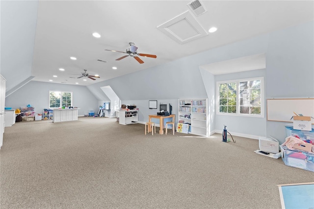 rec room with ceiling fan, carpet floors, and lofted ceiling