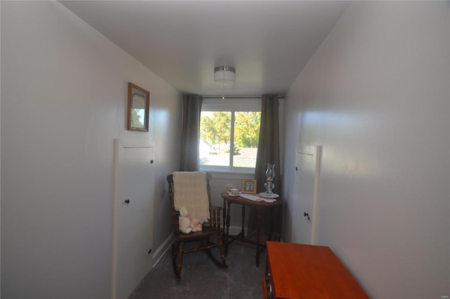 living area with dark colored carpet