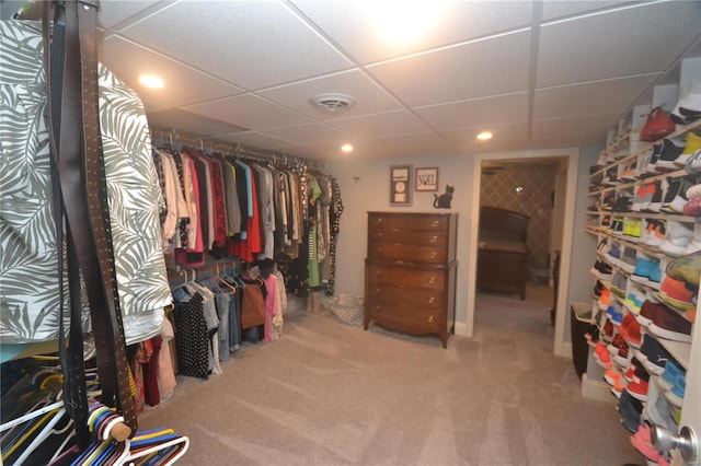 walk in closet featuring a paneled ceiling and carpet