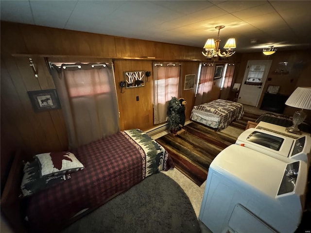 carpeted bedroom with wooden walls and a notable chandelier