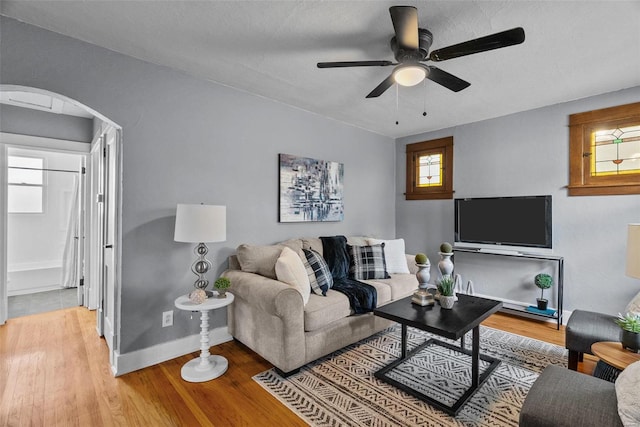 living room with wood-type flooring and ceiling fan