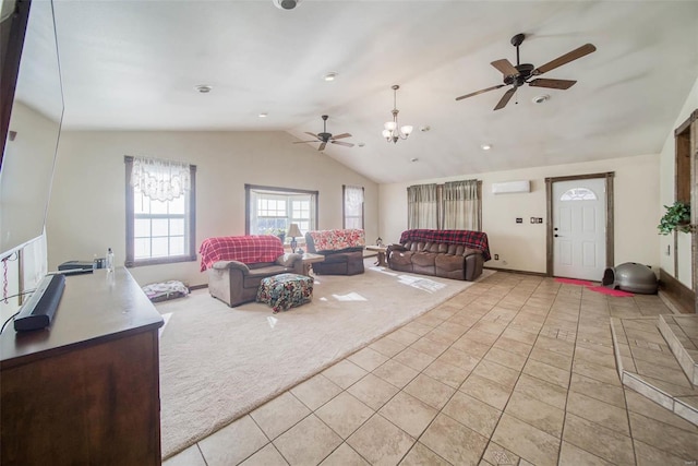 tiled living room featuring a wall unit AC, ceiling fan with notable chandelier, and vaulted ceiling