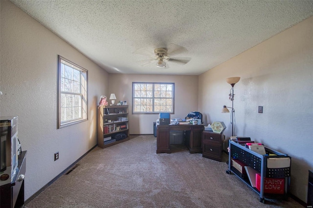 office space featuring carpet, a textured ceiling, a wealth of natural light, and ceiling fan