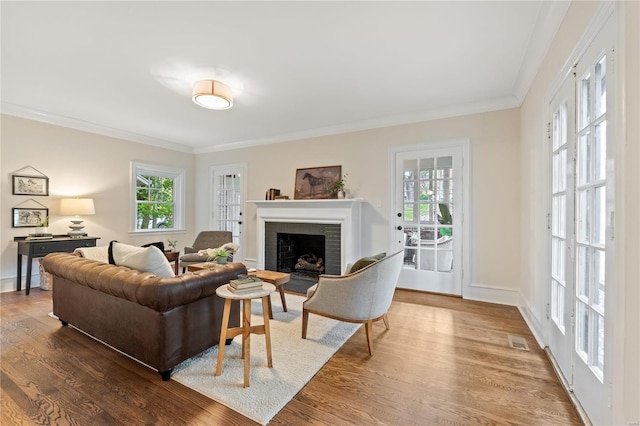 living room featuring a fireplace, hardwood / wood-style flooring, and crown molding