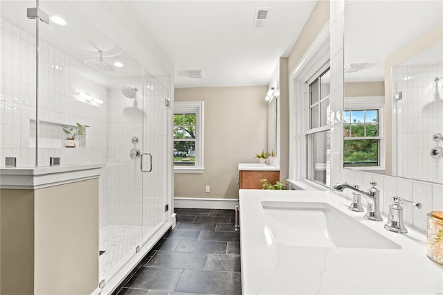 bathroom featuring vanity, a shower with door, and a healthy amount of sunlight